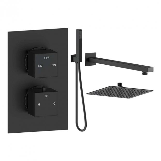Dove Bathrooms Storm Square Thermostatic Shower Pack with Fixed Head & Handset - Matt Black
