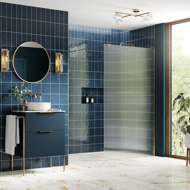 Dove Bathrooms Thea 900mm Fluted Wetroom Panel & Support Bar - Brushed Brass