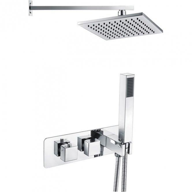 Dove Bathrooms Tidal Square Wall Mounted Thermostatic Shower Valve with Handset & Brass Fixed Head Kit - Chrome