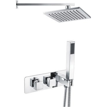 Tidal Square Wall Mounted Thermostatic Shower Valve with Handset & Brass Fixed Head Kit - Chrome
