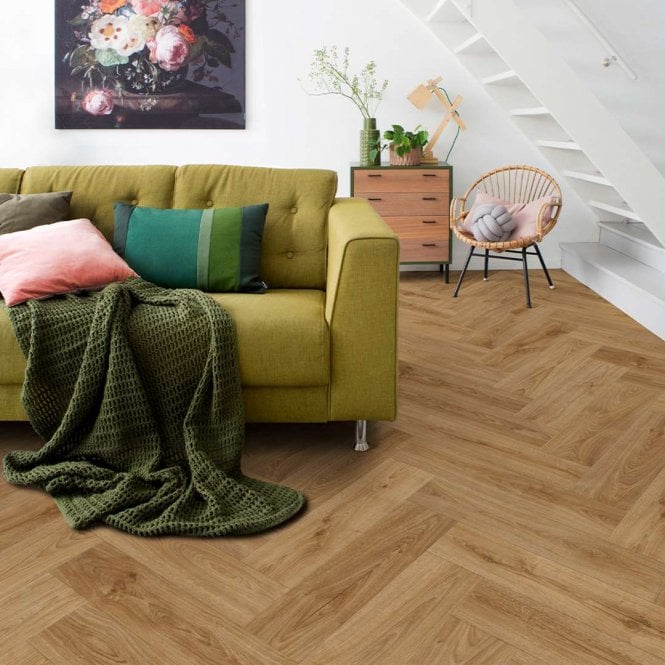 Elka Kentucky Oak Honey Brown Rigid Vinyl Herringbone Flooring 0.794m2 Per Pack