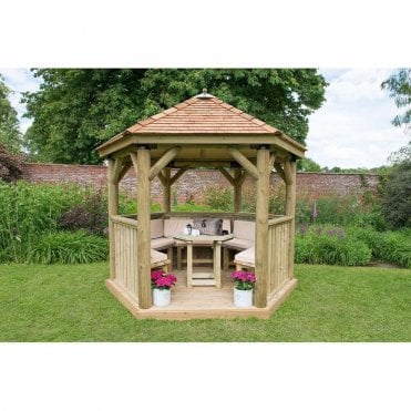 Hexagonal Cedar Wooden Gazebo - Table, Benches, Cushions - Cream