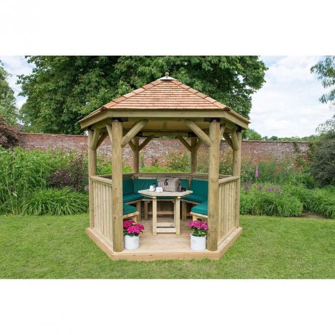 Forest Garden Hexagonal Cedar Wooden Gazebo - Table, Benches, Cushions - Green