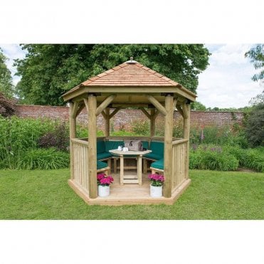 Hexagonal Cedar Wooden Gazebo - Table, Benches, Cushions - Green