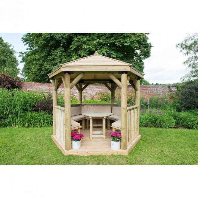 Forest Garden Hexagonal Timber Roof Wooden Gazebo - Table, Benches, Cushions - Cream