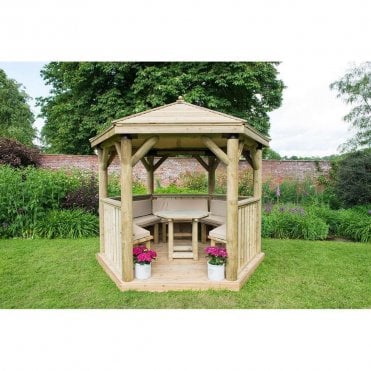Hexagonal Timber Roof Wooden Gazebo - Table, Benches, Cushions - Cream