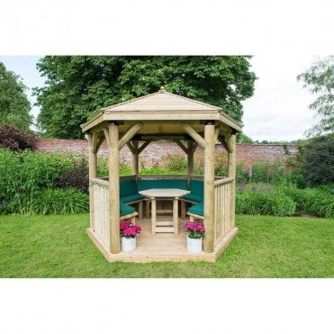 Hexagonal Timber Roof Wooden Gazebo - Table, Benches, Cushions - Green