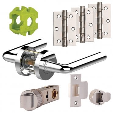 Riva New Door Handles Pack Hinge - PRIVACY Latch Pack  Polished & Satin Chrome
