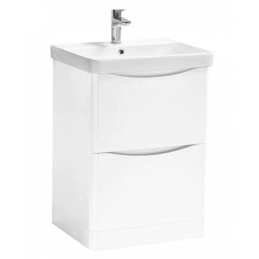 Arc 600mm White Gloss 2 Drawer Floor Standing Vanity Unit & Ceramic Basin