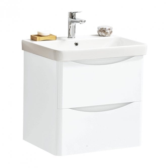 Kartell Arc 600mm White Gloss 2 Drawer Wall Hung Vanity Unit & Ceramic Basin