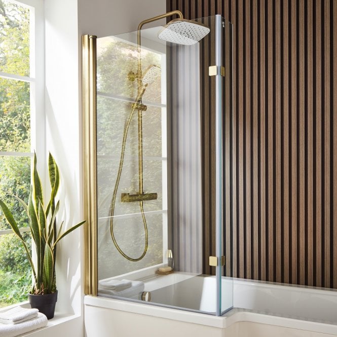 Kartell Brushed Brass 1400mm L Shaped Shower Bath Screen