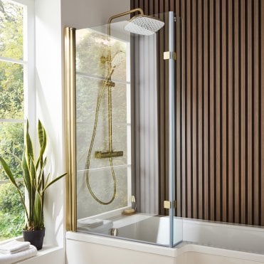Brushed Brass 1400mm L Shaped Shower Bath Screen