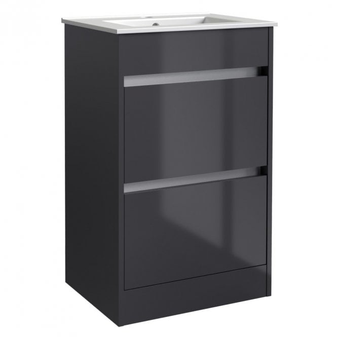 Kartell City 500mm Storm Grey Gloss 2 Drawer Floor Standing Vanity Unit & Ceramic Basin