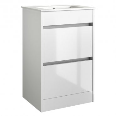 City 500mm White Gloss 2 Drawer Floor Standing Vanity Unit & Ceramic Basin