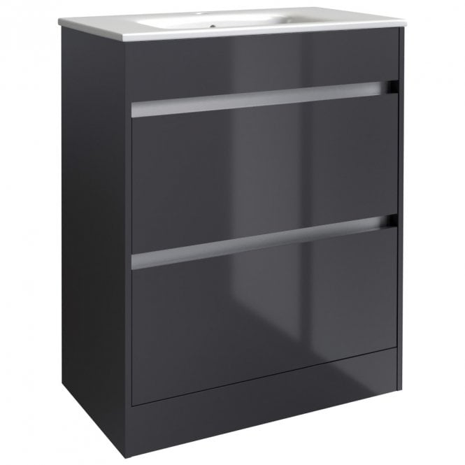Kartell City 600mm Storm Grey Gloss 2 Drawer Floor Standing Vanity Unit & Ceramic Basin