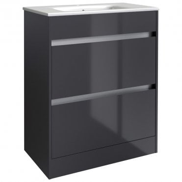 City 600mm Storm Grey Gloss 2 Drawer Floor Standing Vanity Unit & Ceramic Basin
