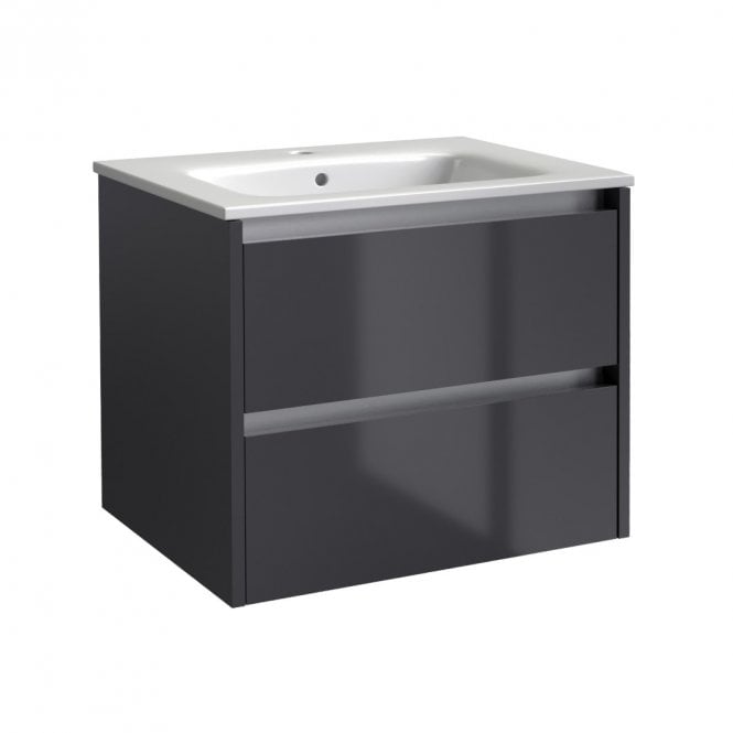 Kartell City 600mm Storm Grey Gloss 2 Drawer Wall Hung Vanity Unit & Ceramic Basin
