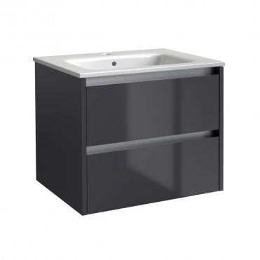 City 600mm Storm Grey Gloss 2 Drawer Wall Hung Vanity Unit & Ceramic Basin