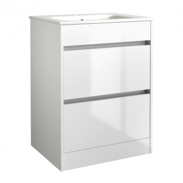 City 600mm White Gloss 2 Drawer Floor Standing Vanity Unit & Ceramic Basin