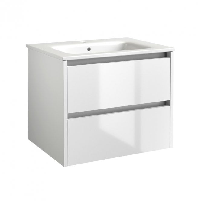 Kartell City 600mm White Gloss 2 Drawer Wall Hung Vanity Unit & Ceramic Basin