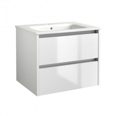 City 600mm White Gloss 2 Drawer Wall Hung Vanity Unit & Ceramic Basin