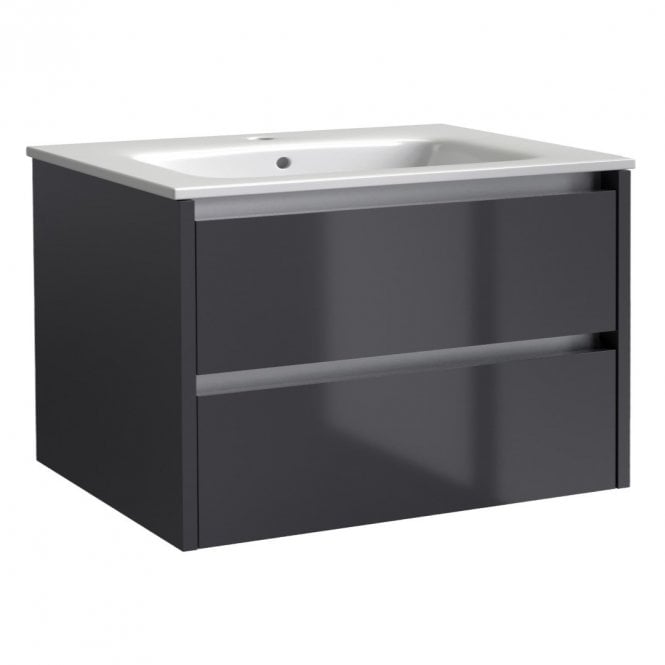 Kartell City 800mm Storm Grey Gloss 2 Drawer Wall Hung Vanity Unit & Ceramic Basin