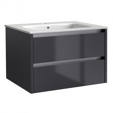 City 800mm Storm Grey Gloss 2 Drawer Wall Hung Vanity Unit & Ceramic Basin