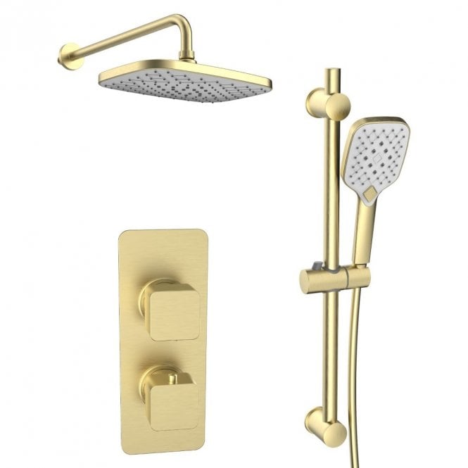 Kartell Kolt Brushed Brass Square 2 Outlet Concealed Mixer with Overhead Shower & Rail