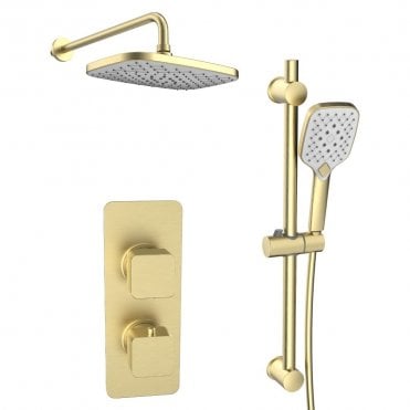 Kolt Brushed Brass Square 2 Outlet Concealed Mixer with Overhead Shower & Rail