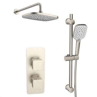 Kolt Brushed Nickel Square 2 Outlet Concealed Mixer with Overhead Shower & Rail