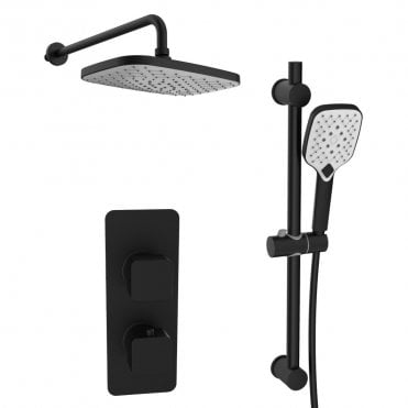Kolt Matt Black Square 2 Outlet Concealed Mixer with Overhead Shower & Rail