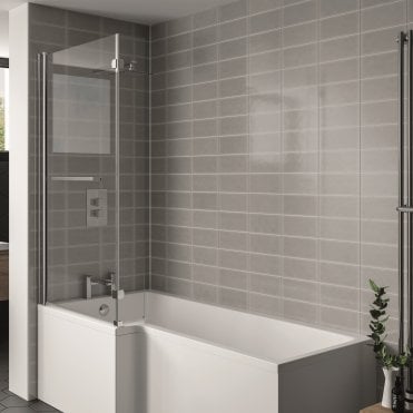 Koncept Chrome L Shaped Shower Bath Screen with Towel Bar