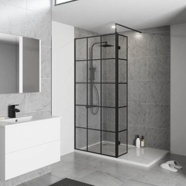 Kritt KV8 Black Grid 1000mm Wetroom Shower Screen inc. Support Bar