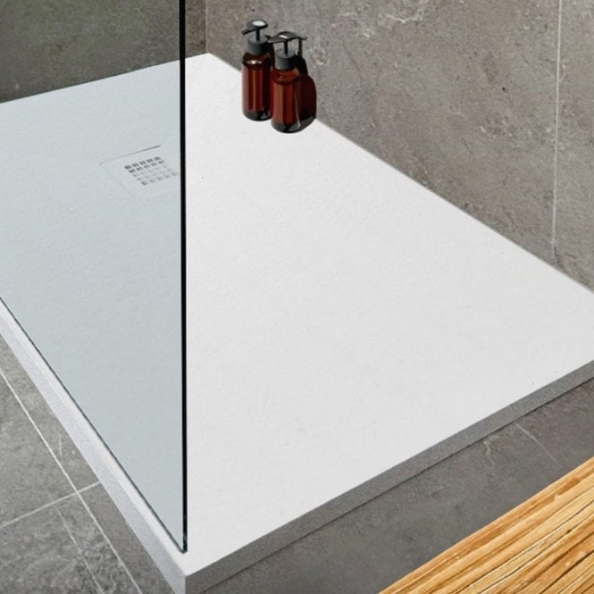 Kartell Naturals 1600mm x 900mm White Stone Effect Rectangle Shower Tray & Waste