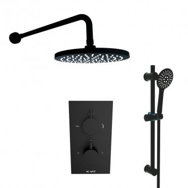 Nero Round Matt Black Concealed Thermostatic Shower Valve Diverter with Adjustable Slide Rail & Fixed Overhead Drencher