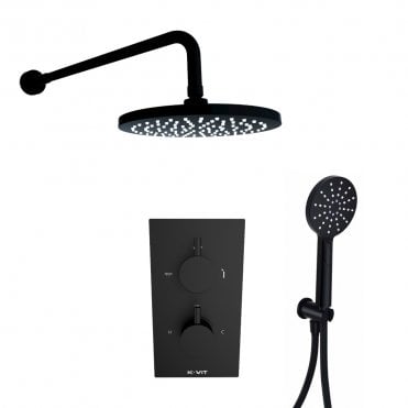 Nero Round Matt Black Concealed Thermostatic Shower Valve Diverter with Hand Shower & Fixed Overhead Drencher