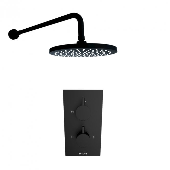 Kartell Nero Round Matt Black Concealed Thermostatic Shower Valve & Fixed Drencher Head