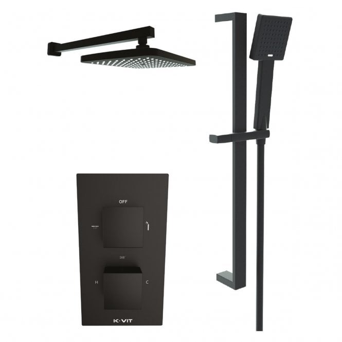 Kartell Nero Square Matt Black Concealed Thermostatic Shower Valve with Diverter, Adjustable Slide Rail & Fixed Overhead Drencher