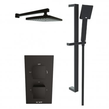 Nero Square Matt Black Concealed Thermostatic Shower Valve with Diverter, Adjustable Slide Rail & Fixed Overhead Drencher
