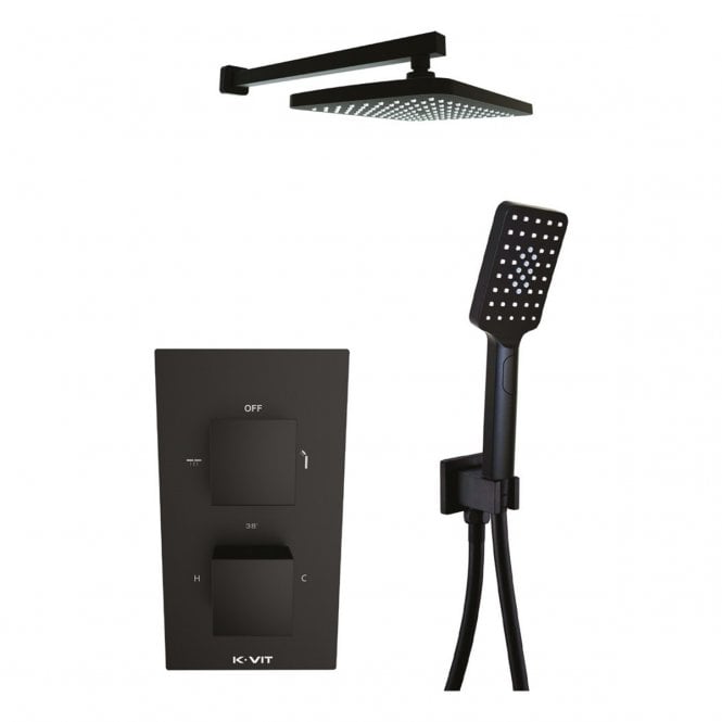 Kartell Nero Square Matt Black Concealed Thermostatic Shower Valve with Hand Shower & Fixed Overhead Drencher