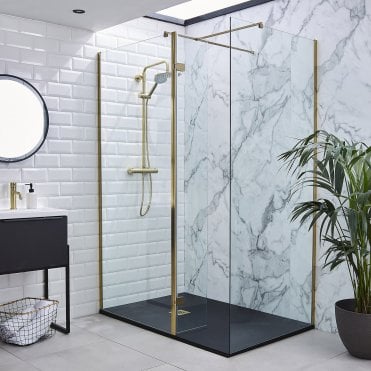 Ottone Brushed Brass 760mm Modern Wetroom Shower Screen 8mm Glass