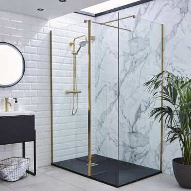 Ottone Brushed Brass 800mm Modern Wetroom Shower Screen 8mm Glass