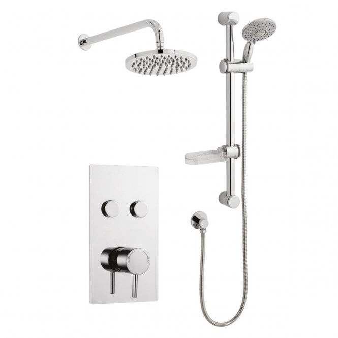 Kartell Plan Chrome Twin Round Push Button Concealed Thermostatic Shower Valve with Adjustable Slide Rail & Fixed Overhead Drencher