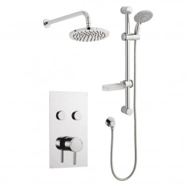 Plan Chrome Twin Round Push Button Concealed Thermostatic Shower Valve with Adjustable Slide Rail & Fixed Overhead Drencher