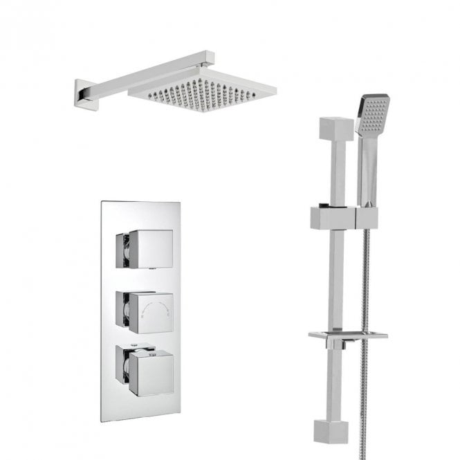 Kartell Pure Chrome Triple Concealed Thermostatic Shower Valve with Adjustable Slide Rail & Fixed Overhead Drencher