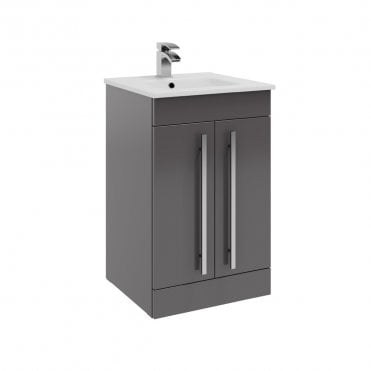 Purity 500mm Grey Gloss 2 Door Floor Standing Vanity Unit & Slim Ceramic Basin