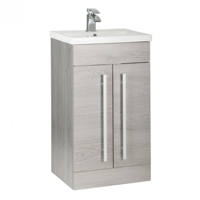 Kartell Purity 500mm Silver Oak 2 Door Floor Standing Vanity Unit & Mid Depth Ceramic Basin