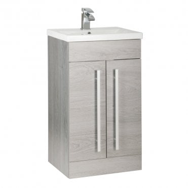 Purity 500mm Silver Oak 2 Door Floor Standing Vanity Unit & Mid Depth Ceramic Basin