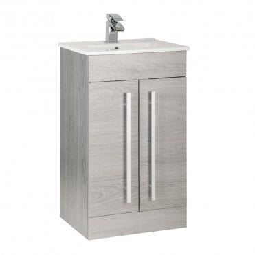 Purity 500mm Silver Oak 2 Door Floor Standing Vanity Unit & Slim Ceramic Basin