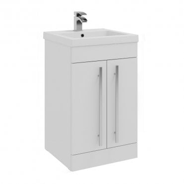 Purity 500mm White Gloss 2 Door Floor Standing Vanity Unit & Mid Depth Ceramic Basin